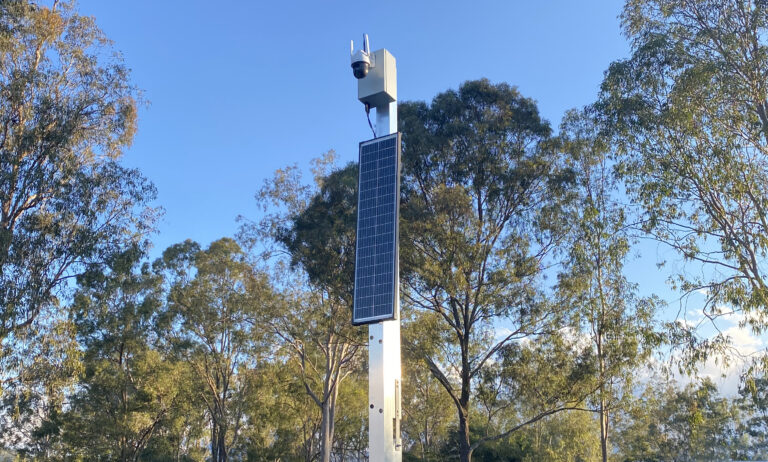 Solar power supply base unit for CCTV camera mounted on hinged pole